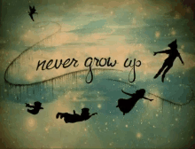 a drawing of peter pan and tinkerbell flying through the air with the words `` never grow up '' .