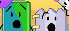 a green book and a purple fence are standing next to each other with their mouths open .