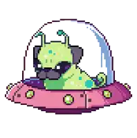 a pixel art illustration of a pug wearing headphones