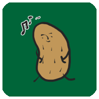 a cartoon drawing of a potato with a face and music notes above it