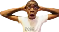 a man with a surprised look on his face and the word omg on his shirt
