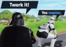 darth vader and stormtroopers are talking to each other in a video game