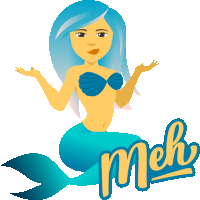 a cartoon of a mermaid with blue hair and the word meh below her