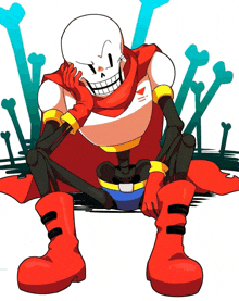 a cartoon drawing of papyrus wearing a red cape and red boots