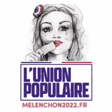 a poster for l' union populaire shows a woman holding a knife in her mouth