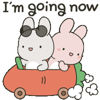 two rabbits are riding in a carrot car with the words i 'm going now below them