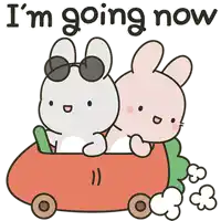 two rabbits are riding in a carrot car with the words i 'm going now below them