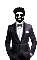 a man in a tuxedo has a beard and sunglasses on his face