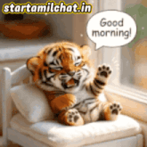 a tiger cub is sitting on a bed and says good morning