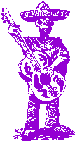 a purple drawing of a skeleton wearing a sombrero and holding a guitar