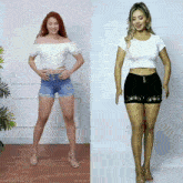 two women standing next to each other one wearing shorts and the other wearing a crop top