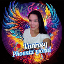 a picture of a woman with wings and the words vanrosy phoenix world on the bottom