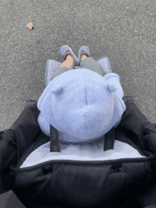 a baby wearing a knitted hat is sitting in a stroller with the word new on the side