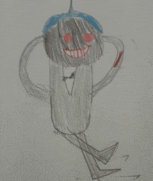 a child 's drawing of a ghost with red eyes and a blue hat