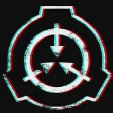 a logo for scp foundation with a red , blue , and white circle with arrows pointing in opposite directions .