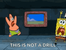 patrick star and spongebob squarepants are standing next to each other in a room with a picture on the wall .