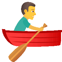 a man in a blue shirt is rowing a red boat with a wooden paddle