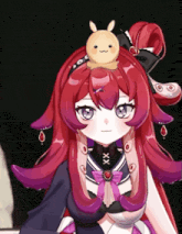 a red haired anime girl with a bunny on her head