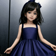 a little girl wearing a blue dress with a bow in her hair