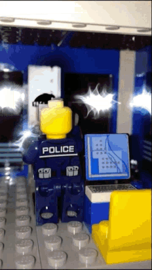 a lego police officer with a yellow head