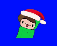 a cartoon character wearing a green hoodie and a santa hat is sticking out his tongue .