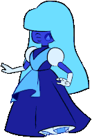 a cartoon drawing of a blue sapphire wearing a blue dress and white gloves