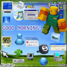 a computer screen says good morning and has a robot in the middle