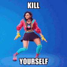 a girl in a pink jacket and skirt is dancing with the words `` kill yourself '' written above her .