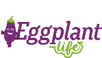 a logo for eggplant life with a cartoon eggplant on it