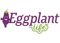 a logo for eggplant life with a cartoon eggplant on it