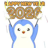 a penguin is holding sparklers in front of a happy new year sign
