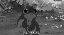 a black and white image of a cartoon character saying hi , i exist