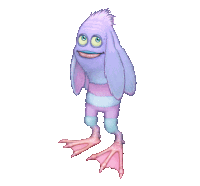 a purple and blue cartoon character with pink feet and big eyes