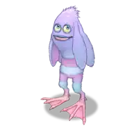 a purple and blue cartoon character with pink feet and big eyes