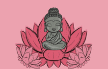 a drawing of a buddha sitting on a lotus flower on a pink background