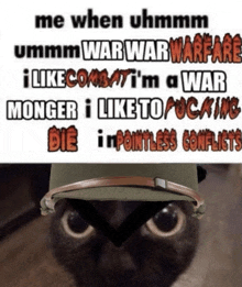 a cat looking at a sign that says me when uhhmm ummm war war warfare