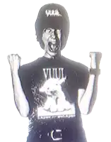 a man wearing a black shirt that says vuuul on it