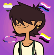a cartoon of a person with a purple background and flags