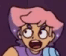 a close up of a cartoon character with pink hair and a purple shirt .