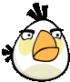 a white angry bird with a yellow beak and a black tail .