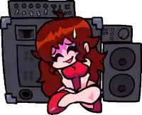 a cartoon of a girl sitting next to a speaker with the letter c on it