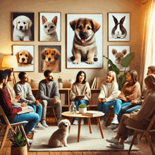 a group of people sitting around a table with pictures of animals on the wall