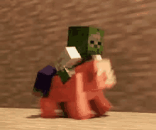 a minecraft zombie is riding on the back of a pink horse .