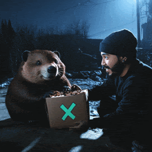 a man and a beaver are looking at a cardboard box with a green x on it