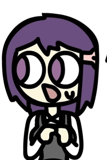 a cartoon of a girl with purple hair and big eyes