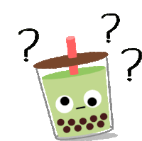 a cartoon illustration of a green bubble tea cup with a red straw and three question marks around it