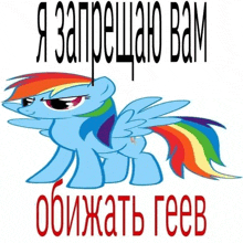 a picture of a rainbow dash with the words " я запрещаю вам " in red