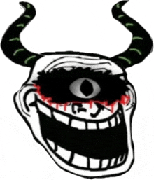 a troll face with horns and a big eye is smiling .