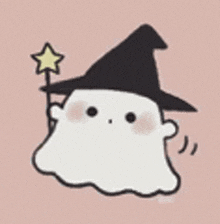 a cute ghost wearing a witch hat and holding a wand .