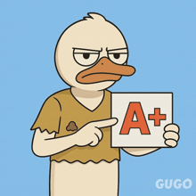 a cartoon of a duck holding an a+ grade
